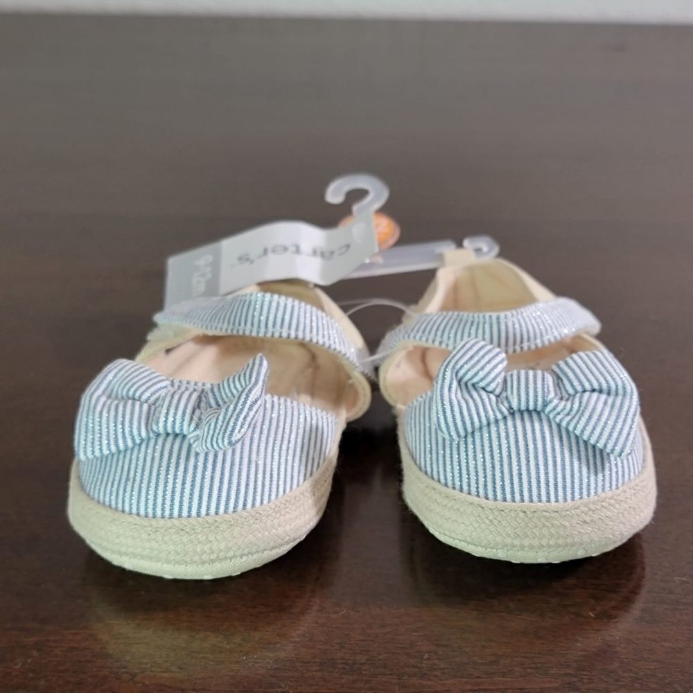 Carter's Little Baby Girl Shoes Espadrilles Blue White Tan New Size 9 - 12 Month - Picture 2 of 5